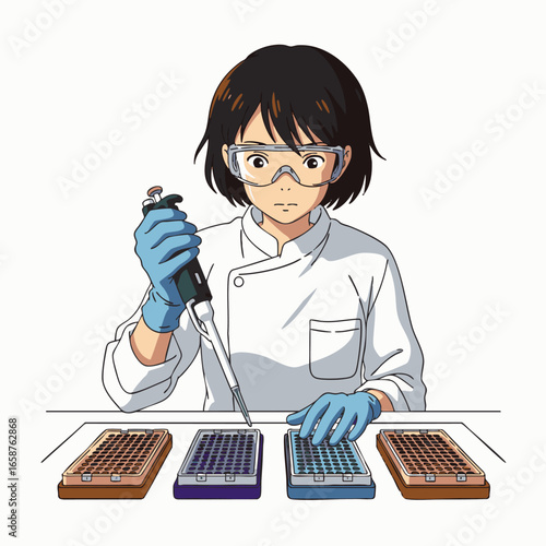 An anime-style scientist meticulously performs a laboratory experiment, carefully pipetting solutions into multiple well plates for biotechnology research.
