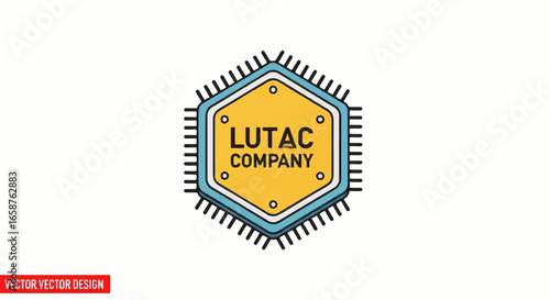 Hexagonal computer chip logo with a yellow center blue border and black connector pins.