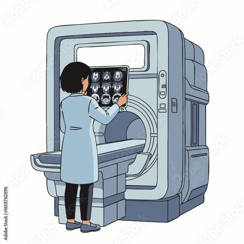 A medical professional examines detailed brain MRI scans displayed on a screen next to an advanced diagnostic imaging machine, highlighting modern healthcare technology.