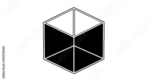 Isometric cube icon with bold black outlines white top and black sides.