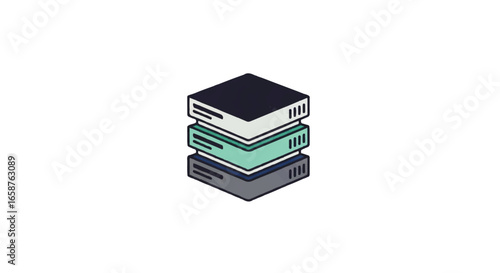 Isometric icon of a stacked data server rack with three colorful units in a flat design style.