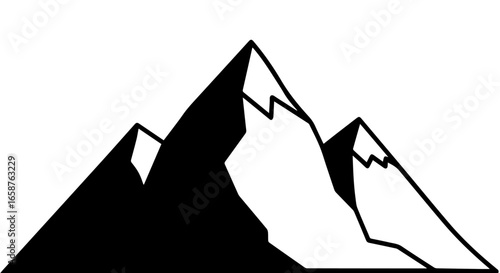 Minimalist black and white mountain range icon with jagged snowcapped peaks.