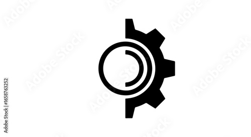 Minimalist black icon combining a half gear wheel with a circular abstract element.