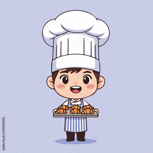 Adorable cartoon chef holding a tray of croissants, wearing a chefs hat and apron, standing in a studio with a happy smile, a delightful illustration for bakery or food projects