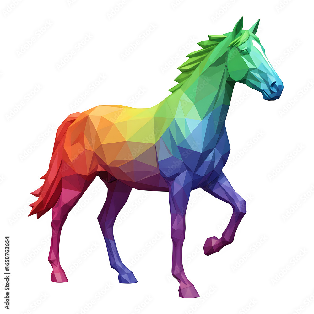 Obraz premium Vibrant low poly rainbow colored horse sculpture with a majestic stance isolated on transparent background