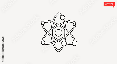Minimalist black line art of a scientific atom symbol with a hexagonal nucleus and orbiting electrons.