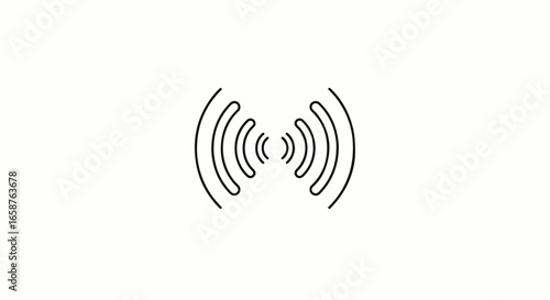 Minimalist black outline icon of symmetrical radiating sound waves representing audio vibration or a wireless signal.
