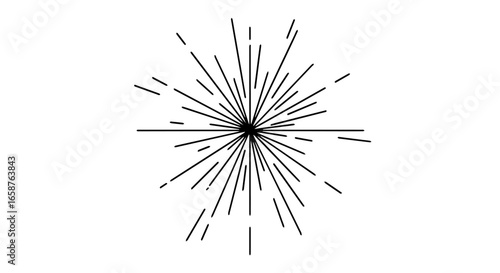 Minimalist black sunburst illustration with handdrawn radiating lines from a central point.