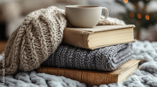 A warm ceramic mug rests on a cozy stack of knitted blankets and vintage books, creating a peaceful and inviting winter scene indoors.