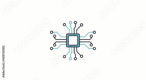 Minimalist blue and black computer chip icon with radiating circuit pathways and nodes.