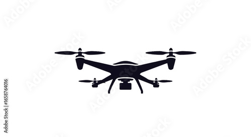 Minimalist dark blue icon of a quadcopter drone with a camera viewed from the front.