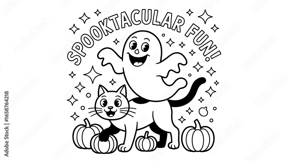 Fototapeta premium Spooktacular fun ghost and cat with pumpkins halloween