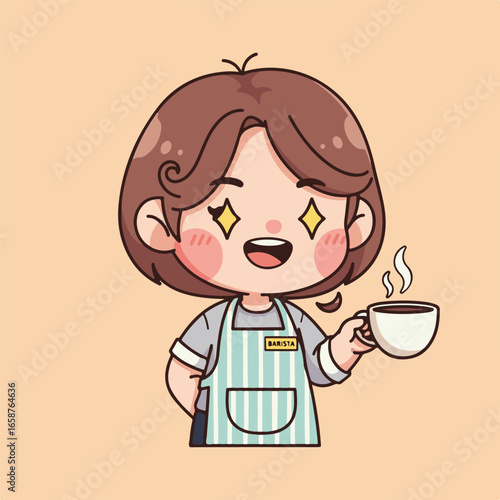 A cheerful barista girl holding a cup of hot coffee, cartoon character with a cute and happy expression, perfect for cafe or restaurant branding and marketing materials