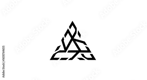 Modern black geometric triangular knot symbol with fragmented interwoven lines.