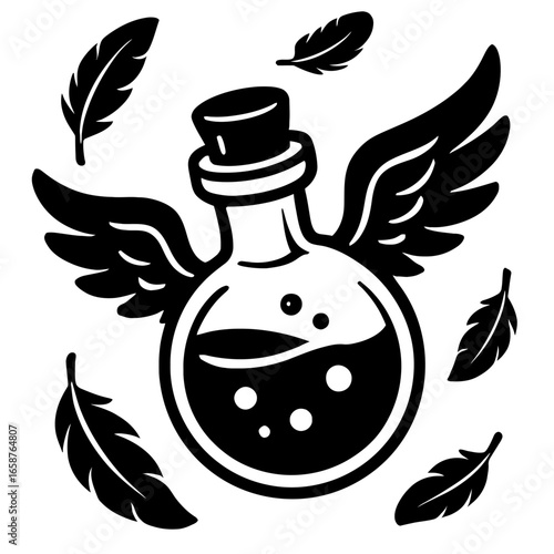 Flying Potion Bottle Graphic - Magical Elixir with Wings and Floating Feathers