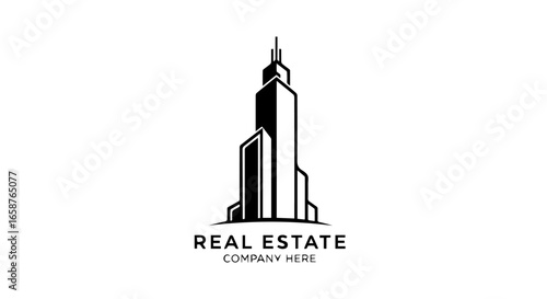 Modern real estate logo featuring a stylized black and white skyscraper silhouette with a prominent central tower and sharp clean lines.