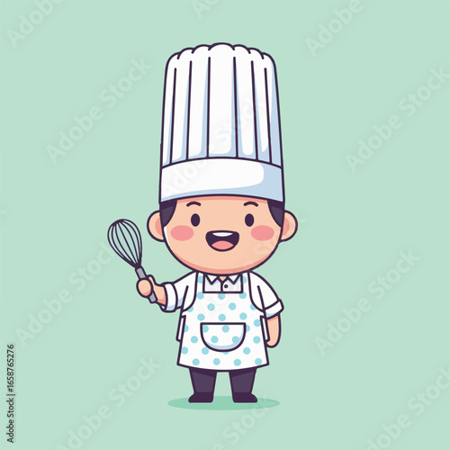 Adorable cartoon chef holding a whisk, wearing a tall white hat and polka dot apron, ready to bake delicious treats in the kitchen, perfect for culinary and food designs