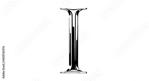 Monochrome capital letter I with an elegant serif font and a shiny reflective texture.