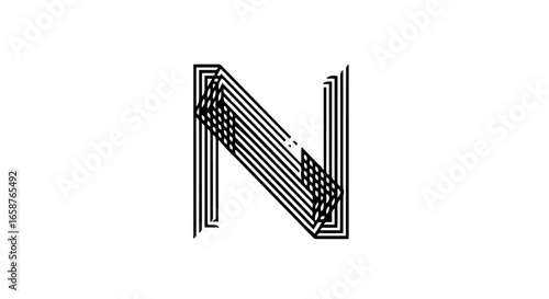 Monochrome capital letter N logo with a complex pattern of parallel lines creating an optical illusion and a threedimensional effect.