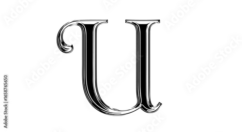Monochrome letter U with an ornate swash serif details and a chiseled threedimensional effect.
