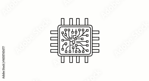 Monochrome line art icon of a square computer microchip with visible pins and circuit pathways.