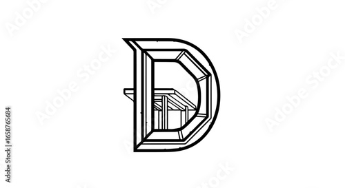 Monochrome line art of a chiseled capital letter D with a complex geometric and architectural interior.