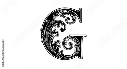 Ornate black and white capital letter G with intricate floral filigree and elegant swirls.