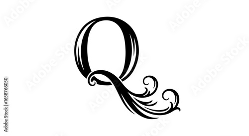 Ornate black capital letter Q with elegant calligraphic flourishes and decorative swirls.