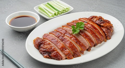 Delicious Roasted Duck Dish with Cucumber and Sauce Isolated on Transparent Background