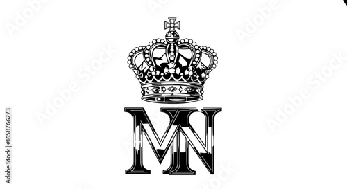 Ornate royal crown emblem in black and white over a stylized MN monogram with a textured chiseled effect.