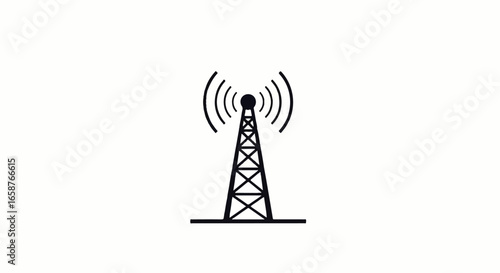 Simple black line art icon of a radio tower broadcasting signal waves.