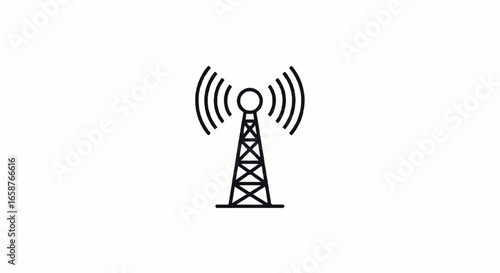 Simple black line art icon of a radio tower broadcasting wireless signal waves.