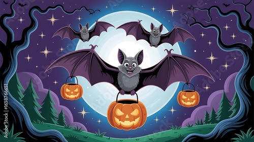 Two Bats and a Central Bat Carrying Jack-o'- Lanterns on Halloween