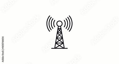 Simple black line art icon of a telecommunication tower broadcasting signal waves.
