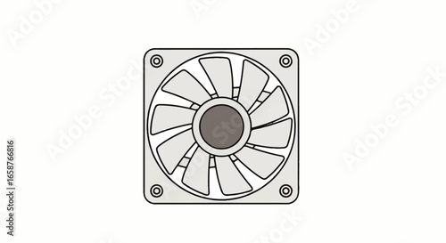 Simple grey computer cooling fan illustration with nine blades and a square frame.