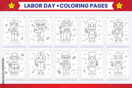 Labor Day Community Helpers Coloring Pages with Handwriting  10 Jobs
