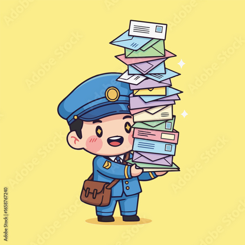Cartoon postman carrying a stack of letters illustration on a yellow background, perfect for delivery, mail, and service themes