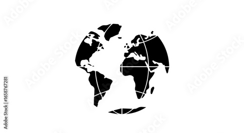Stylized black Earth globe icon with white latitude and longitude lines.
