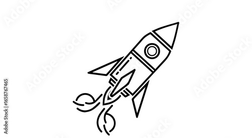 Stylized black outline illustration of a launching cartoon rocket with a swirling smoke trail.