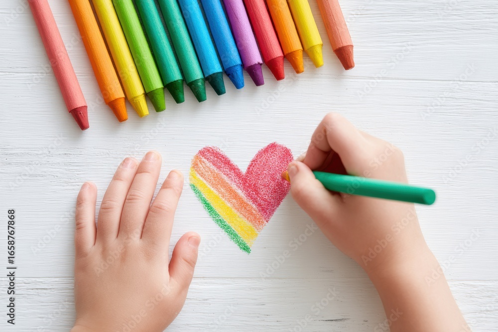 Naklejka premium Child drawing a rainbow heart with crayons on white wooden table