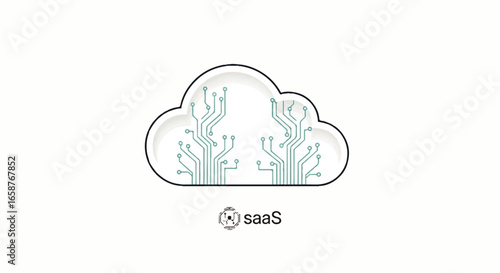 Stylized cloud icon representing SaaS with intricate blue circuit pathways and a modern logo.