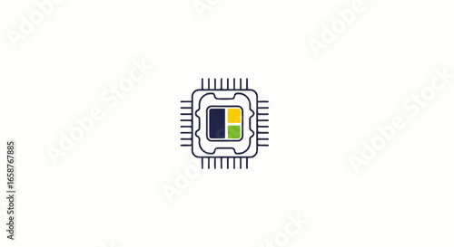 Stylized computer chip icon with a colorful core and dark blue outline.