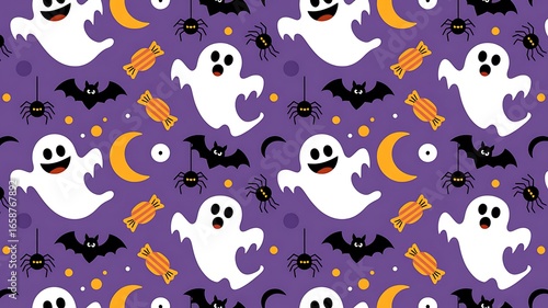 Whimsical Halloween Pattern with Ghosts Bats and Candy