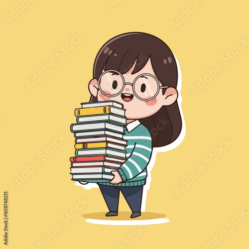 A cute cartoon girl with glasses is holding a stack of books, representing education, knowledge, and the joy of reading and learning in a school or library setting