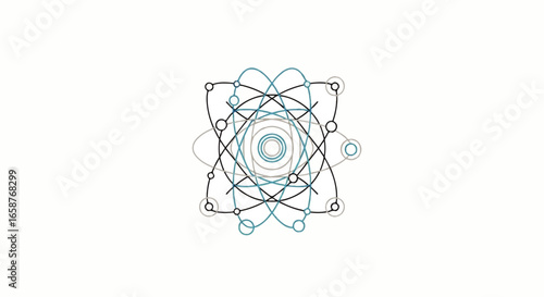 Stylized scientific atom icon with intricate blue black and grey lines forming a complex orbital structure.
