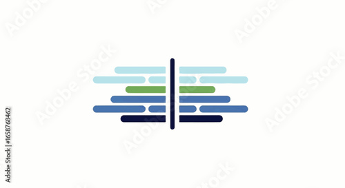 Symmetrical abstract design with blue and green rounded bars bisected by a dark vertical line.