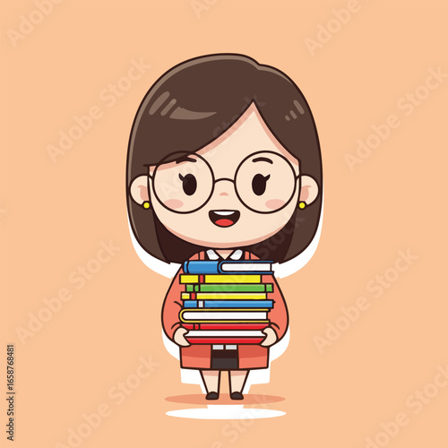 Cartoon girl with glasses holding stack of books, representing education, reading, and the pursuit of knowledge in a cute and engaging illustration for learning