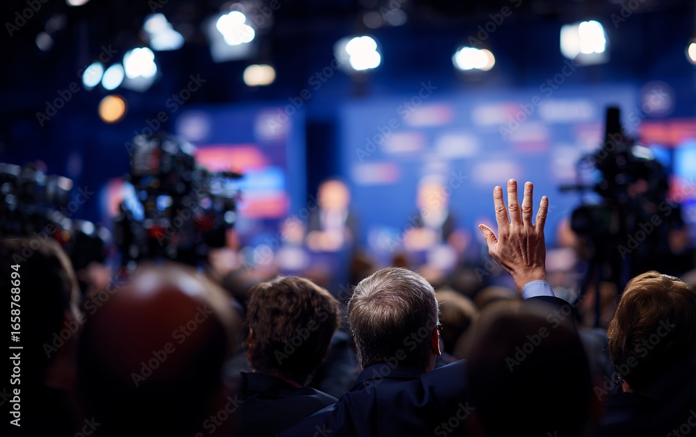 Naklejka premium person raising hand at political conference