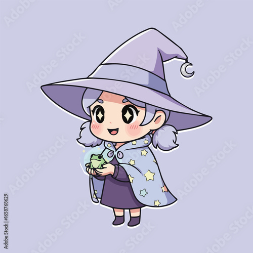 A cute cartoon witch girl with a magic frog, wearing a hat and cape with moon and star, an illustration of a young wizard character with a fantasy design