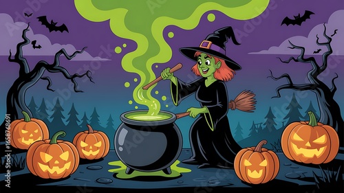 Witch stirring cauldron with pumpkins bats and forest